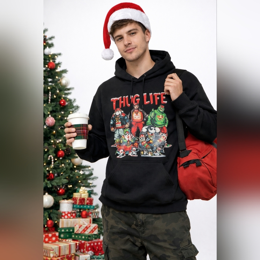 Black Thug Life Holiday Novelty Graphic Hoodie M Die Hard Home Alone TMNT